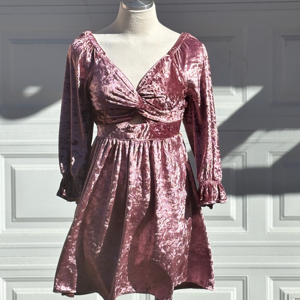 Angie Mauve Mini Sundress with Long Bishop Sleeves and Sweetheart Neckline